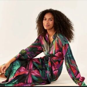 Farm Rio midi button self belt collar dress L green pink